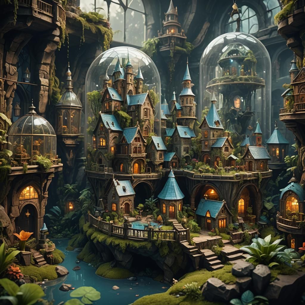 Miniature Towns in Crystal Terrarium, Detailed Matte Paintin...