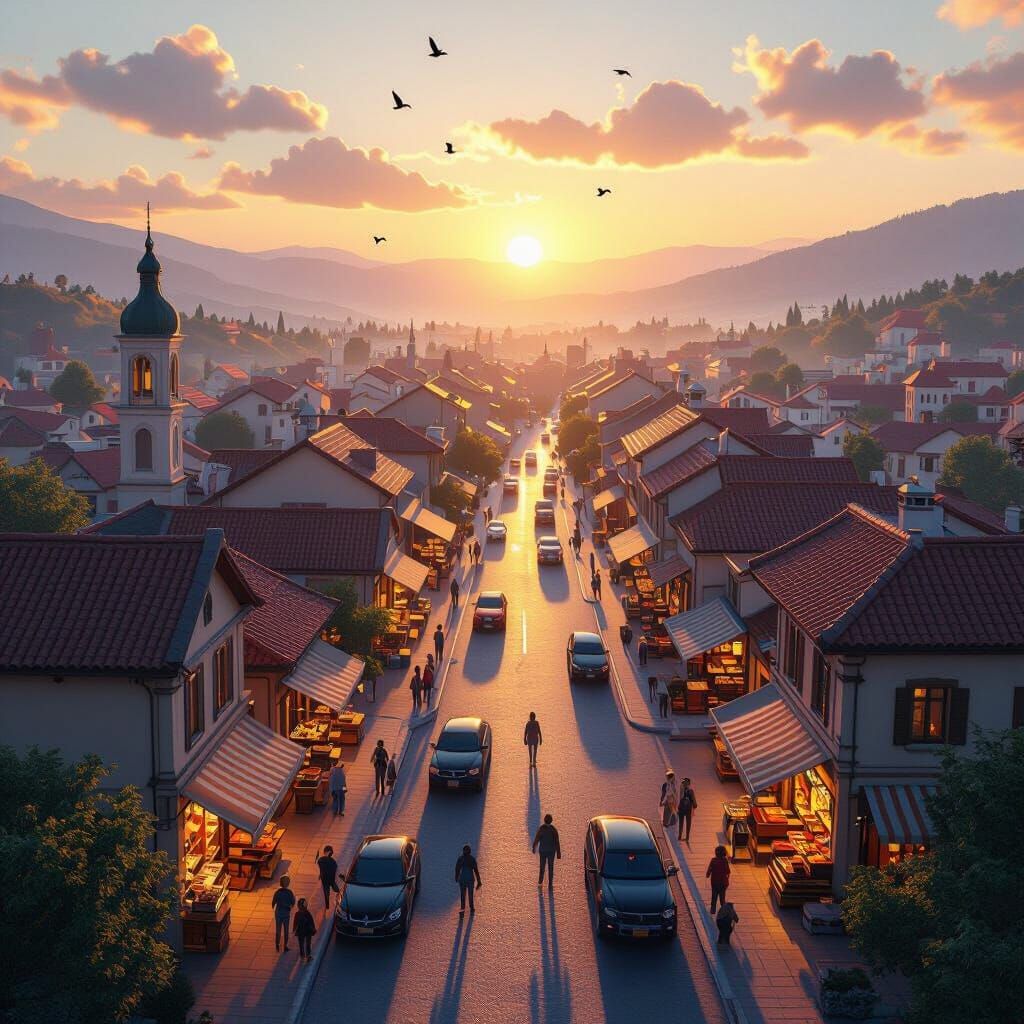 Peaceful Town at Dawn with Golden Sunlight