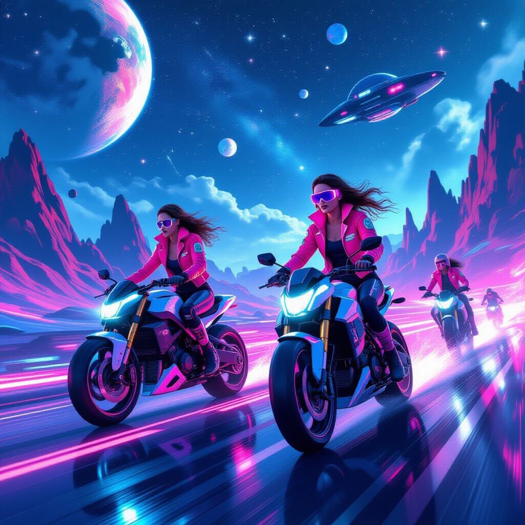 Cyberpunk Girls Ride Flying Bikes in Intergalactic Landscape