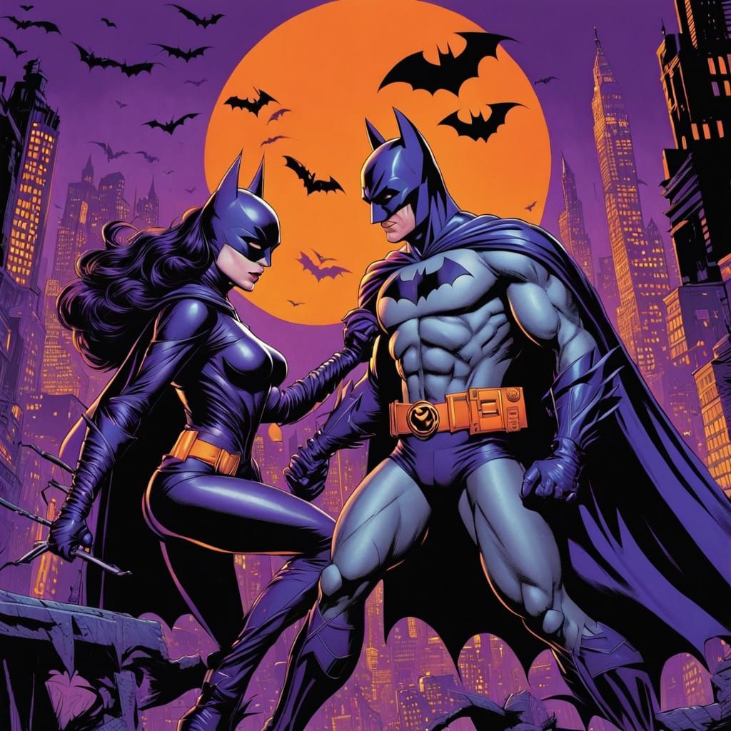 Batman and Catwoman in Vibrant Comic Book Style