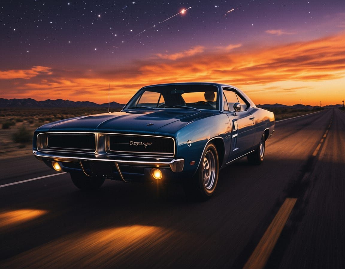 Gleaming Blue 1969 Dodge Charger on Route 66 at Twilight