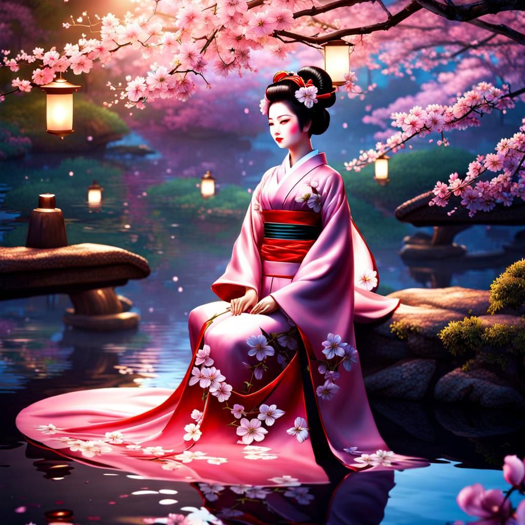 Geisha in Cherry Blossom Garden at Night