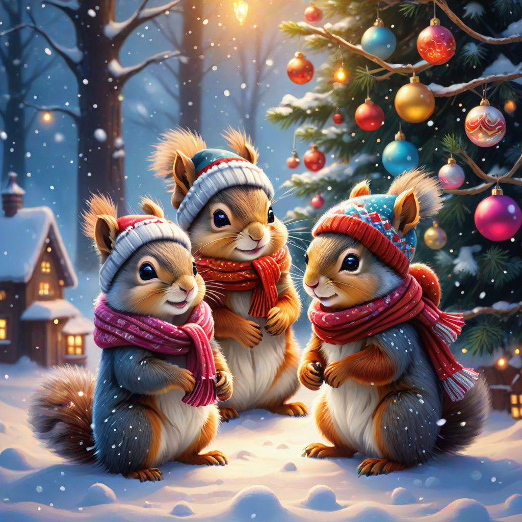 Cute Squirrels Marvel at Christmas Tree Wonderland
