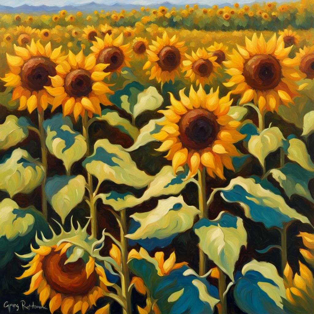 Sunflower Field Oil Painting in Golden Age Style