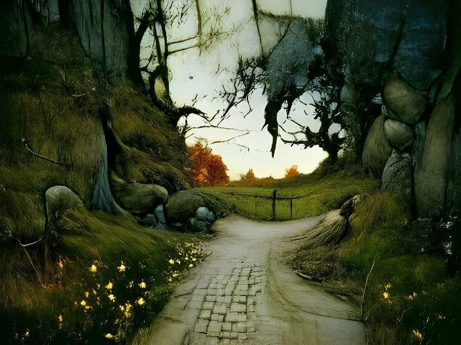 Enchanted Fairytale Path in Pre-Raphaelite Style
