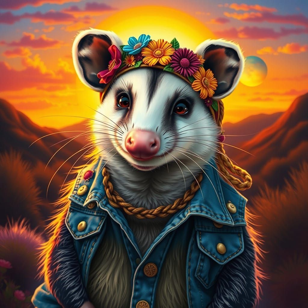 Vibrant Hippie Opossum in Psychedelic Sunset