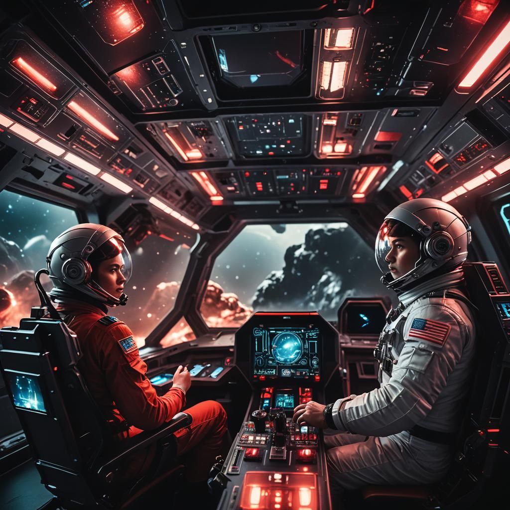 Futuristic Spaceship Cockpit with Astronauts: Cinematic Film...