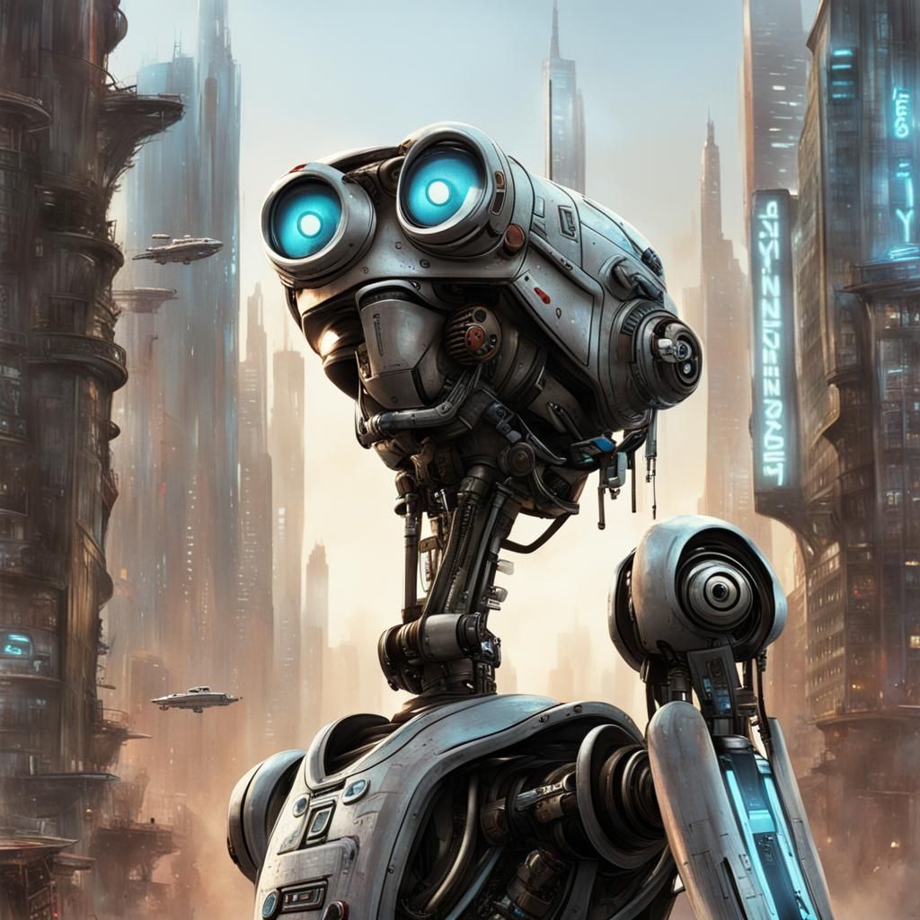 Johnny-5 Robot in Futuristic Cityscape
