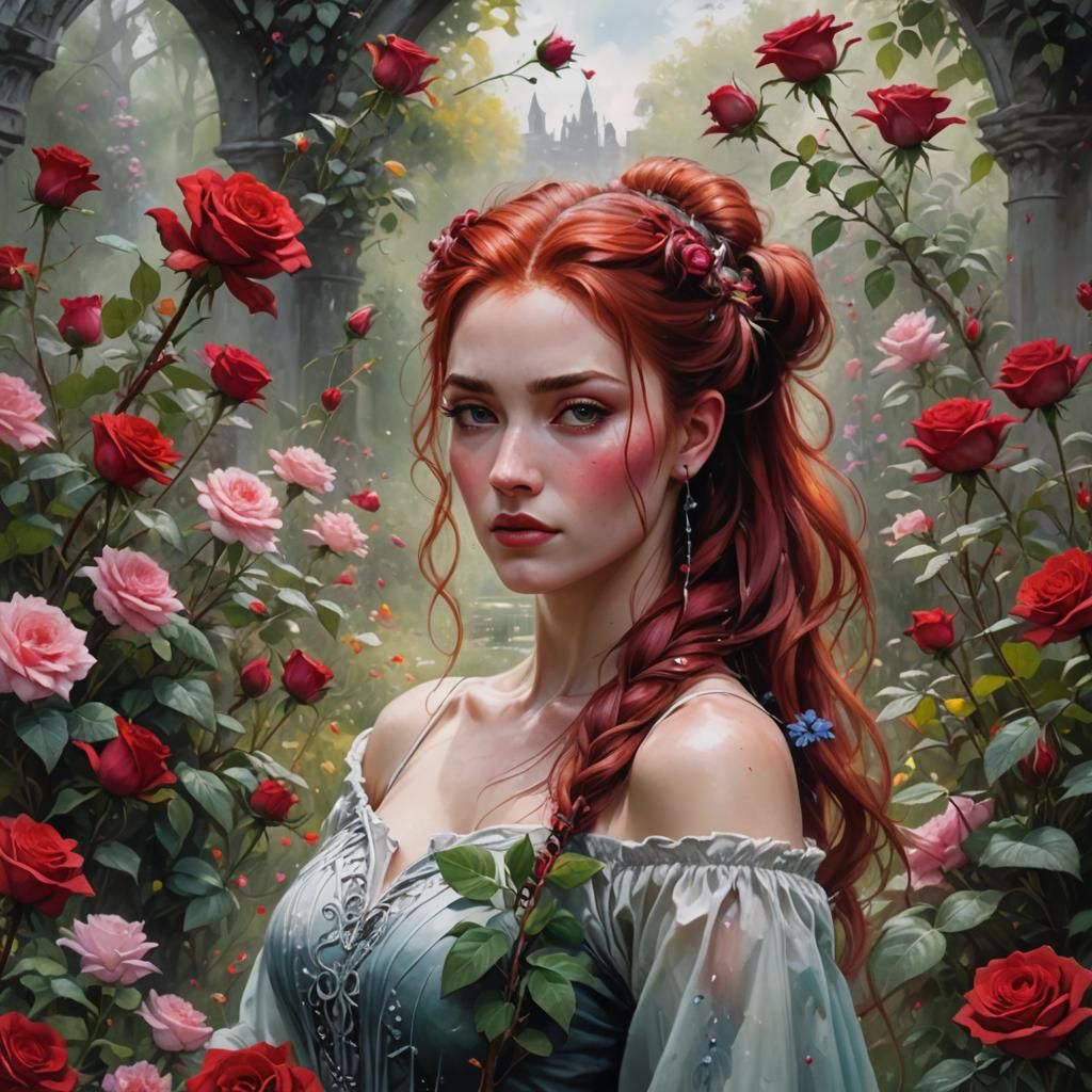 Girl with Frozen Rose in Floral Garden