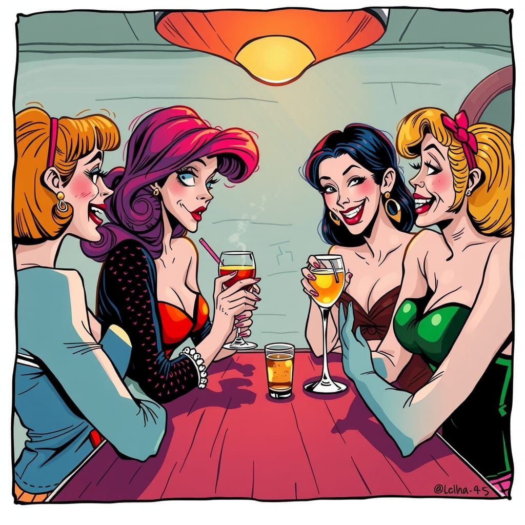 Cartoon Ladies Enjoying Happy Hour in Bar