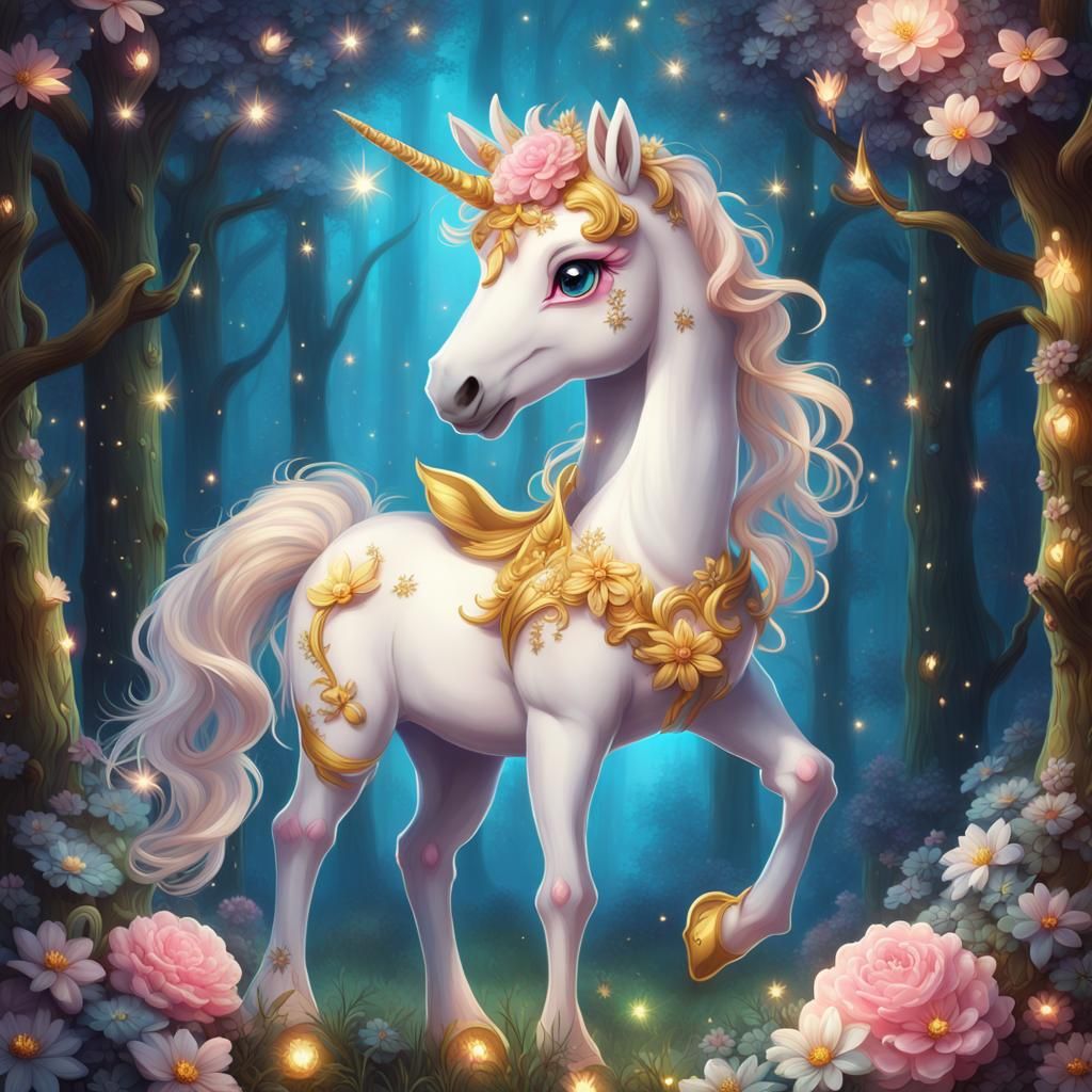 Cute Chibi Unicorn with Rococo Flowers