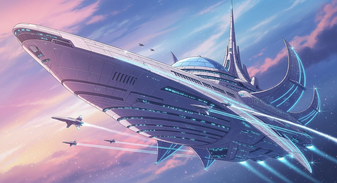 Giant Anime Starship Aurora Vanguard in Nebula