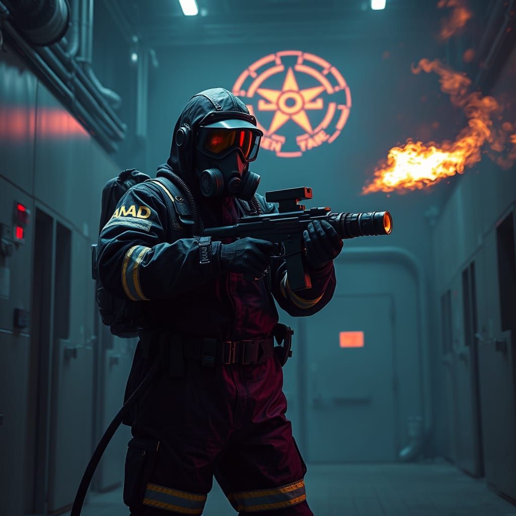 Biohazard Operative in Dark Hazmat Suit with Flamethrower