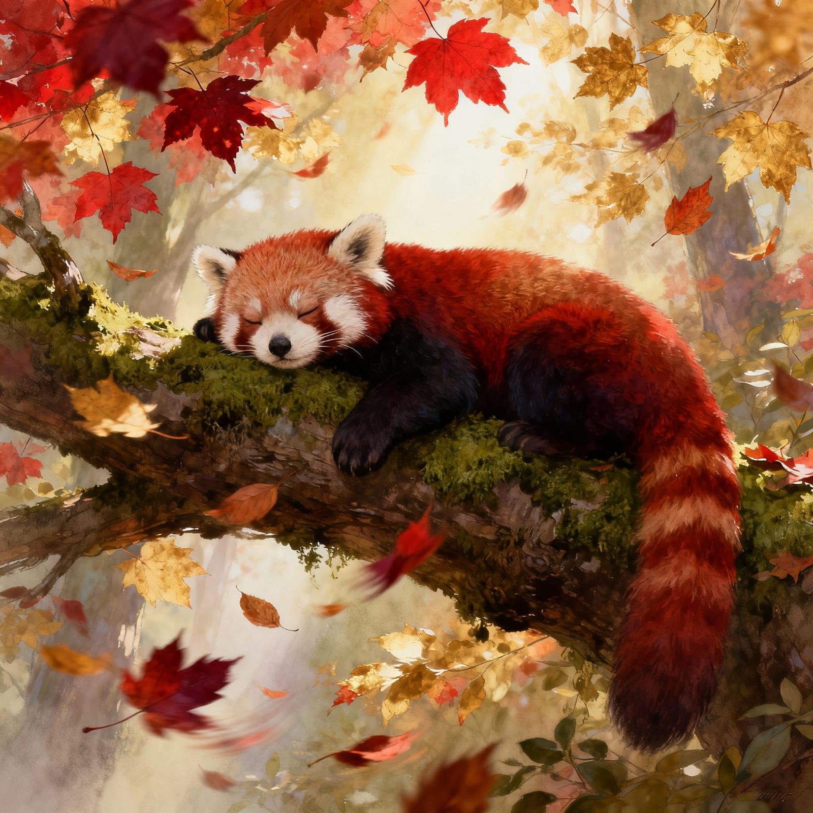 Red Panda on Autumn Branch in Whimsical Nature Illustration ...