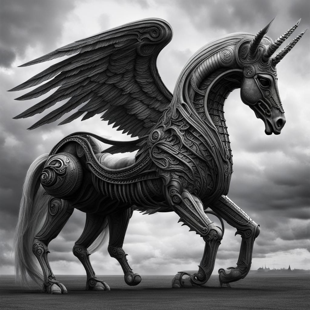 Winged Unicorn in H.R. Giger Style