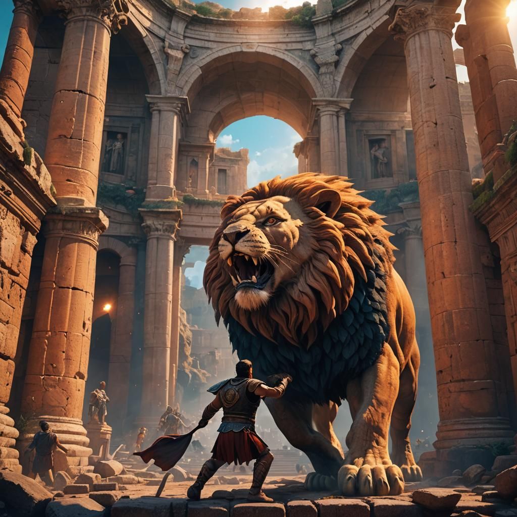 Gladiator and Lion Colosseum Battle in Digital Painting