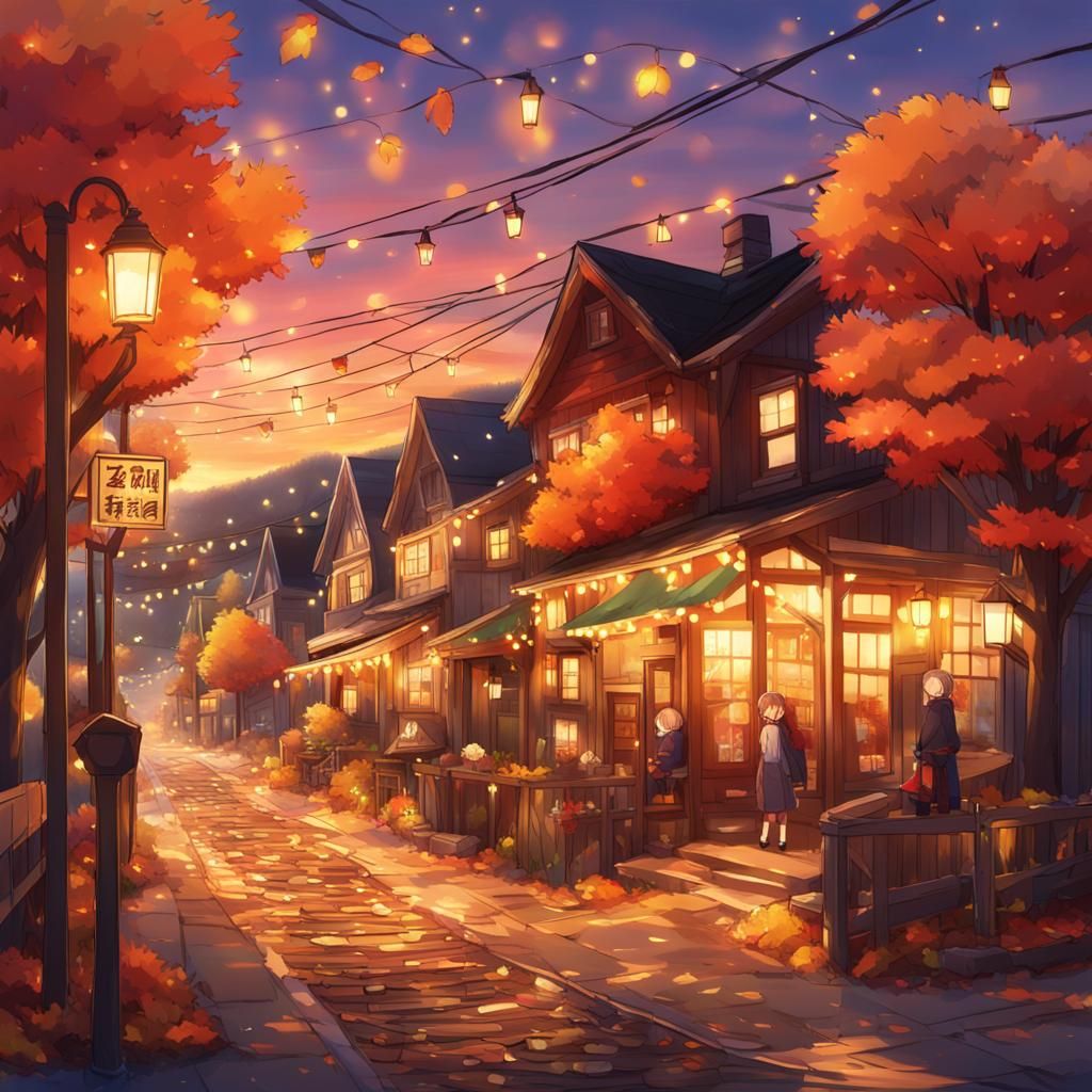 Vermont Town at Sunset in Anime Style