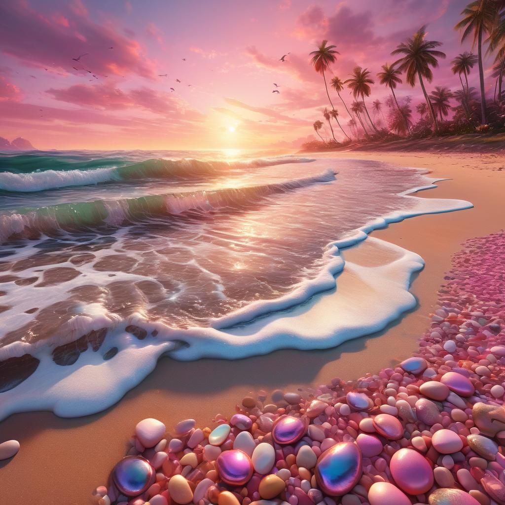 Pink Sunset Beach: Surreal Cosmic Oil Painting
