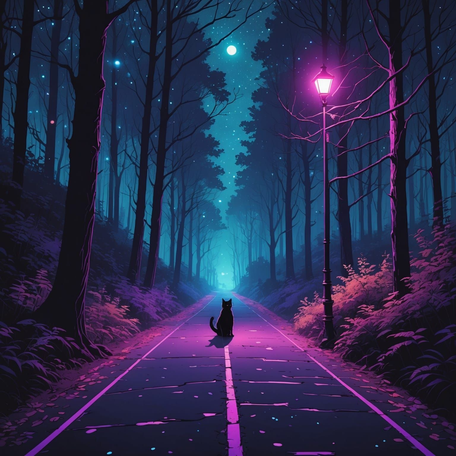 Synthwave Forest Path with Floating Cat