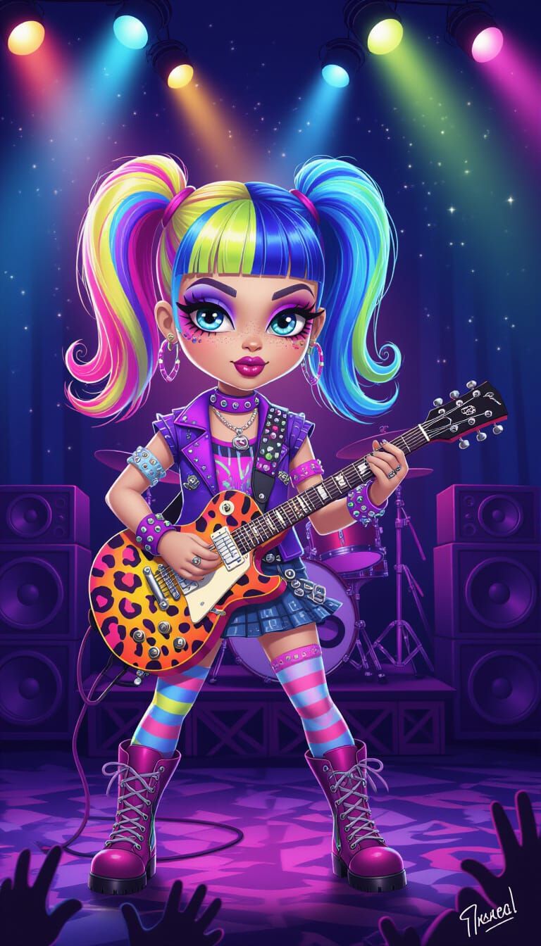 Emo Rock Girl Illustration with Folk Art and Ethereal Atmosp...