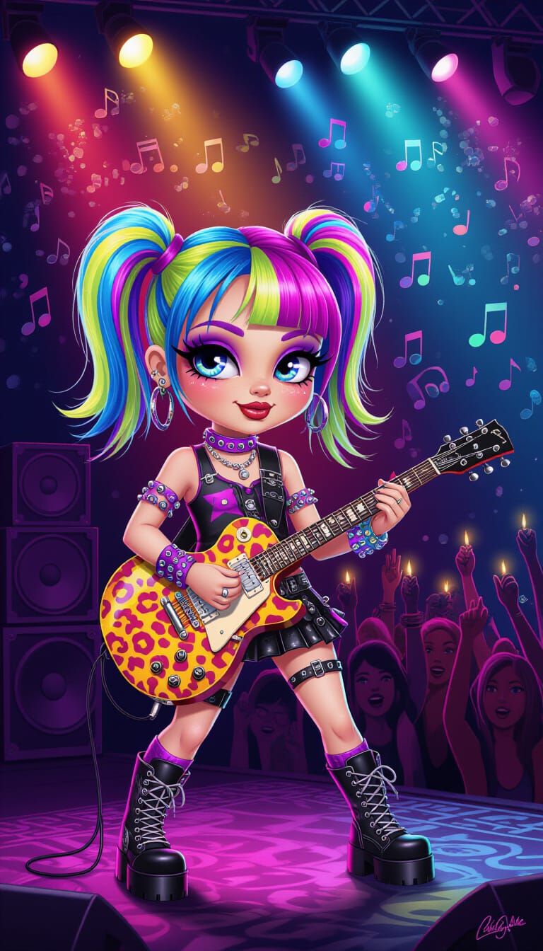 Whimsical Emo Girl Rocks Out on Stage in Surreal Folk Art St...