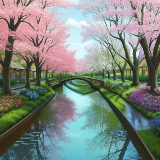 Brilliant Biophilic Art. Vibrant Flowering Waterway. Open Path Fantasy