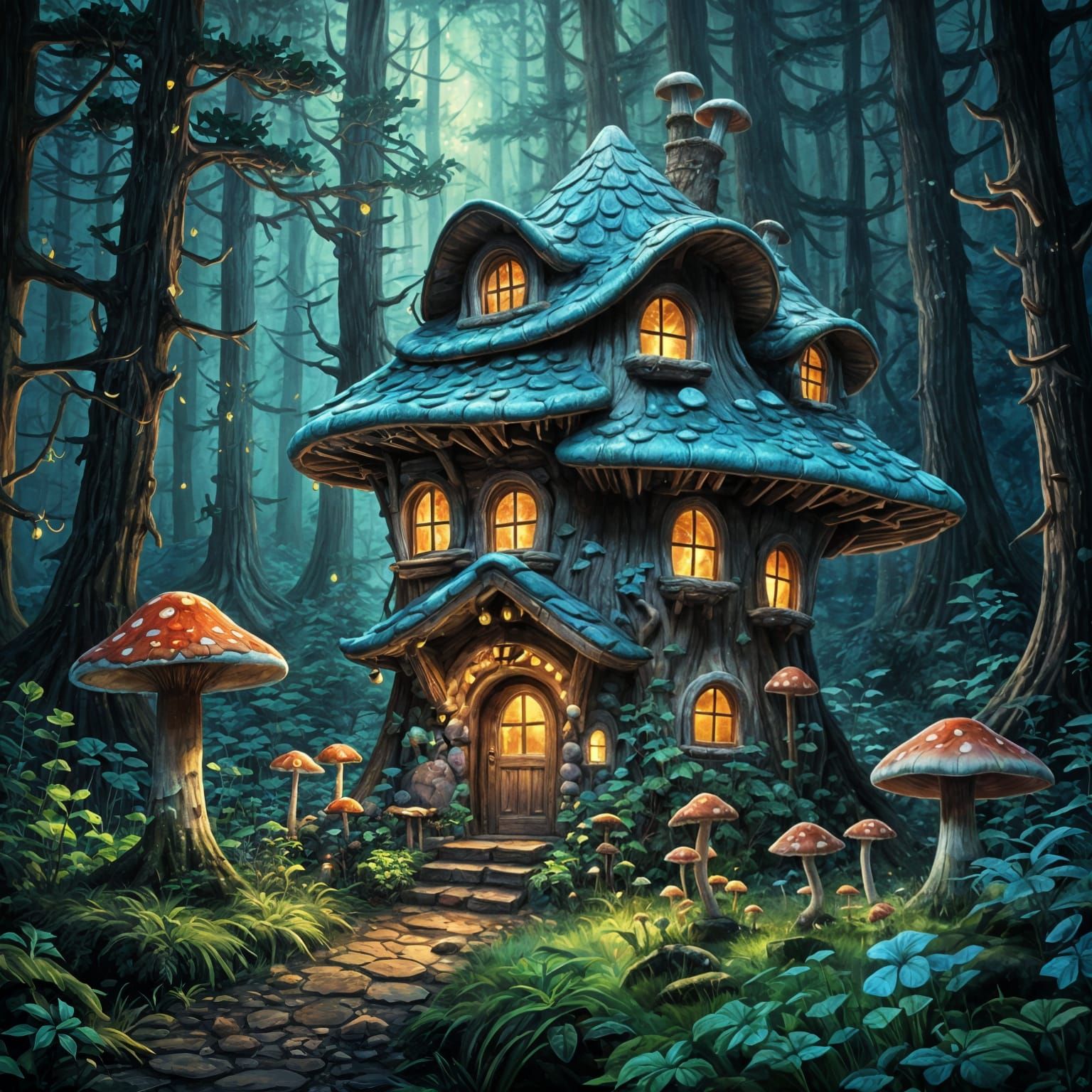 Whimsical Bioluminescent Enchanted Forest House in Gouache S...