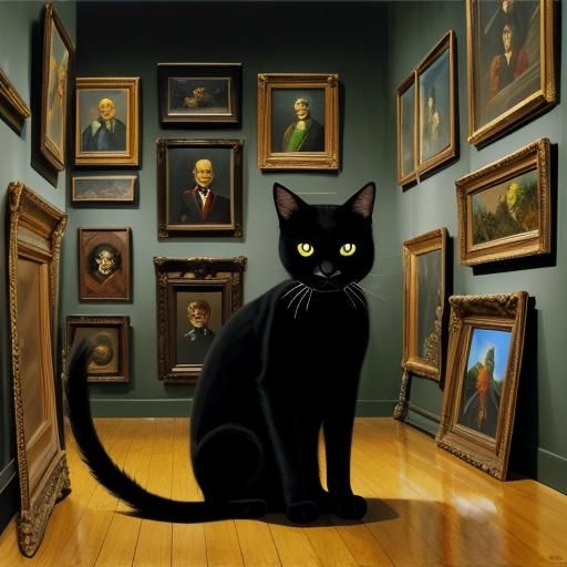 Black Cat Hiding in Museum, Surrealist Oil Painting