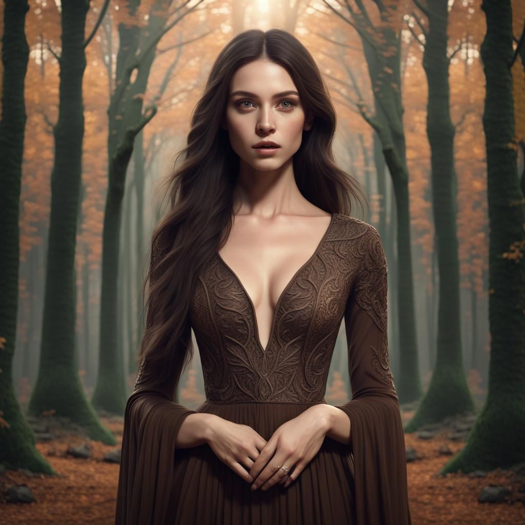 Woman in Woods: Detailed Fantasy Concept Art