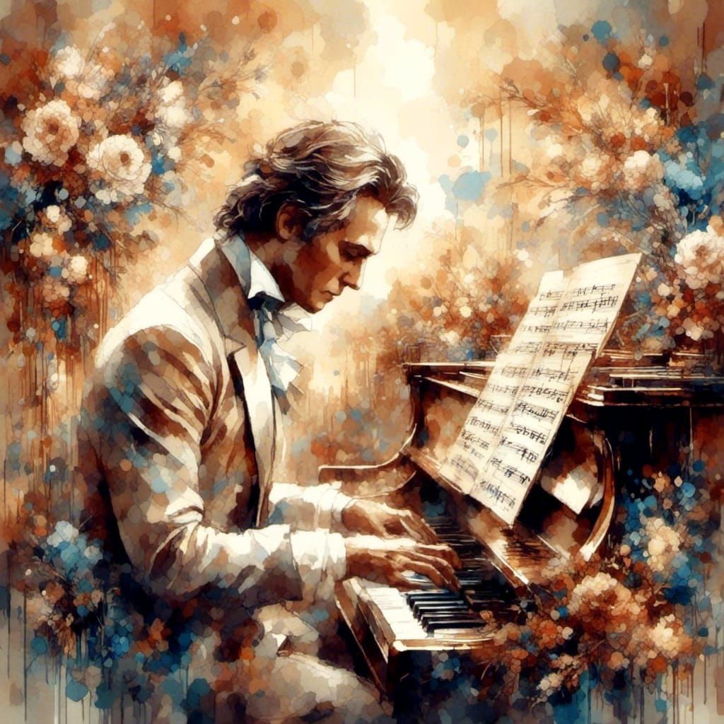 Beethoven Plays Piano in Art Deco Watercolor Style