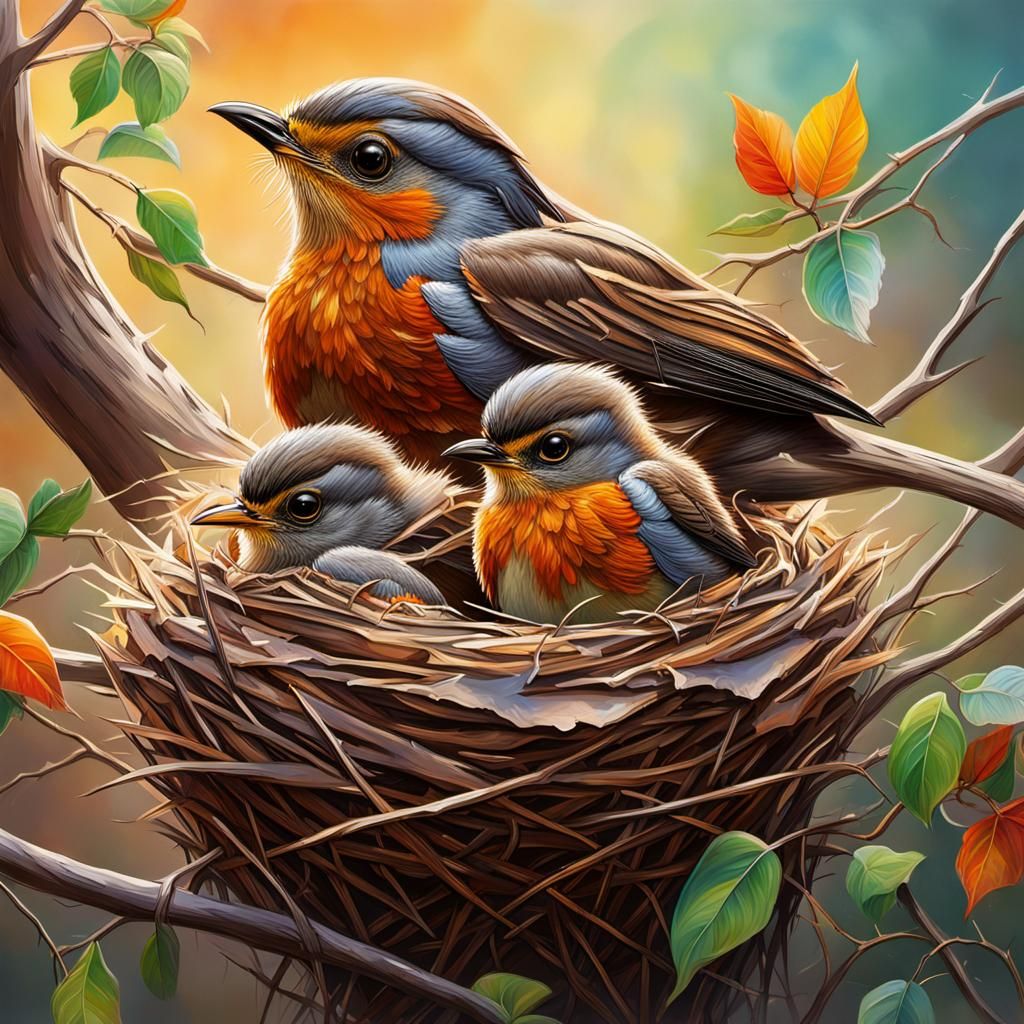 Hyperrealistic Robin Family in Nest