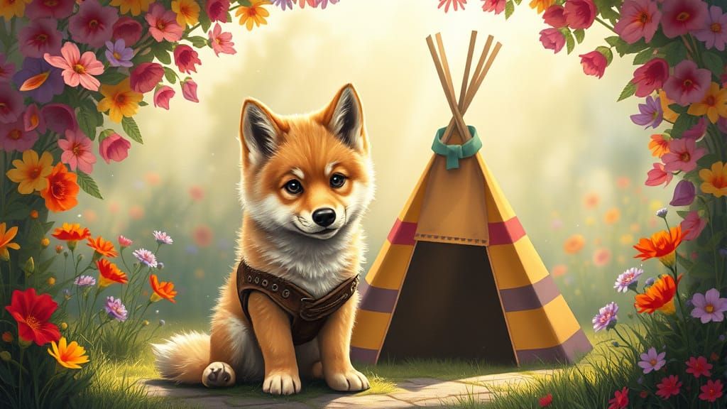 Golden Wolf Pup in Garden, Fantasy Art