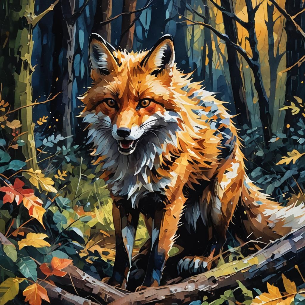Fox Snarling in Moonlit Forest, Impasto Gouache Style