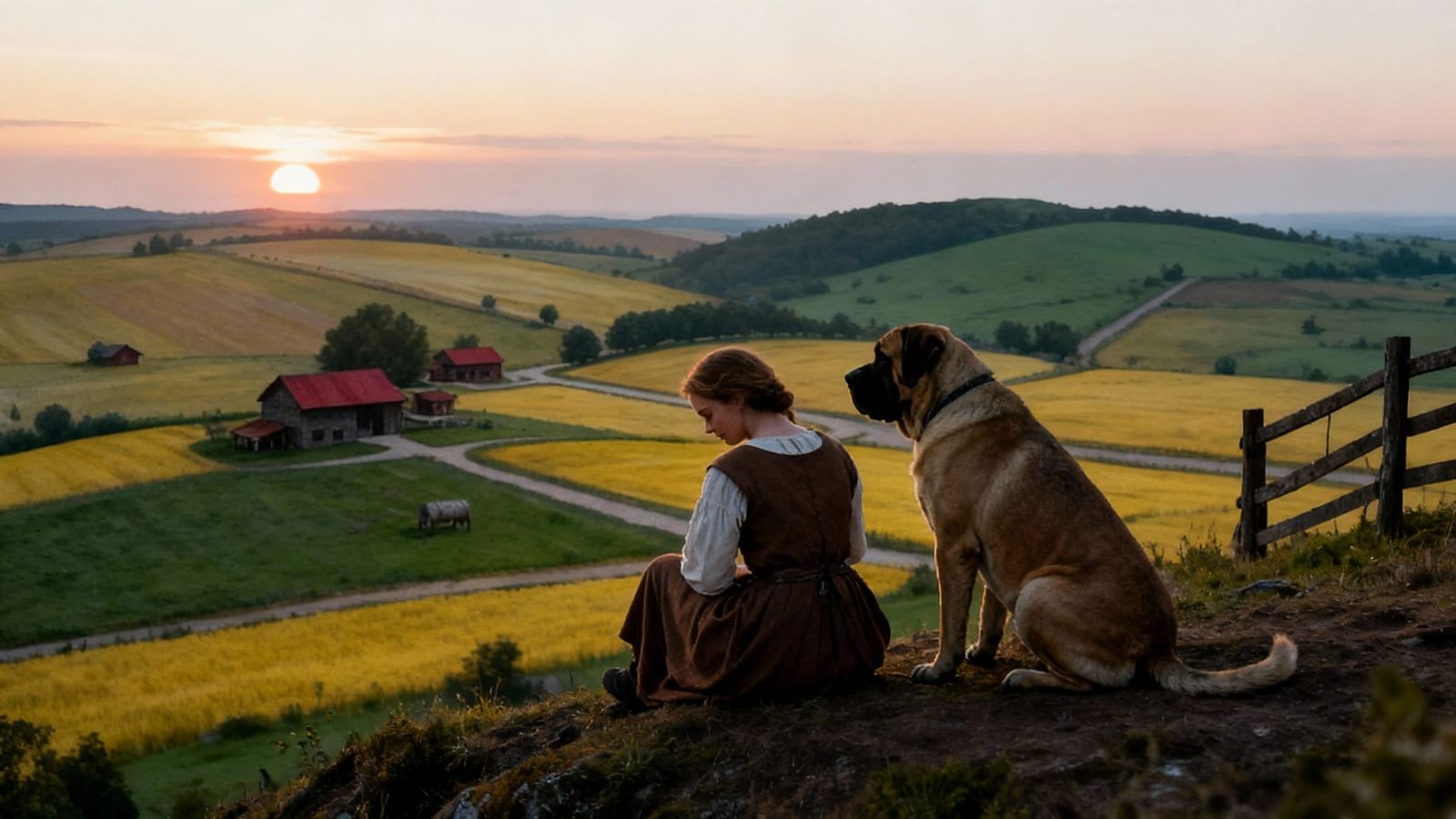 Medieval Peasant Woman and Mastiff at Dawn