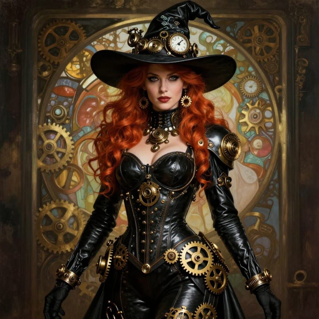 Steampunk Lady in Leather with Clockwork Hat