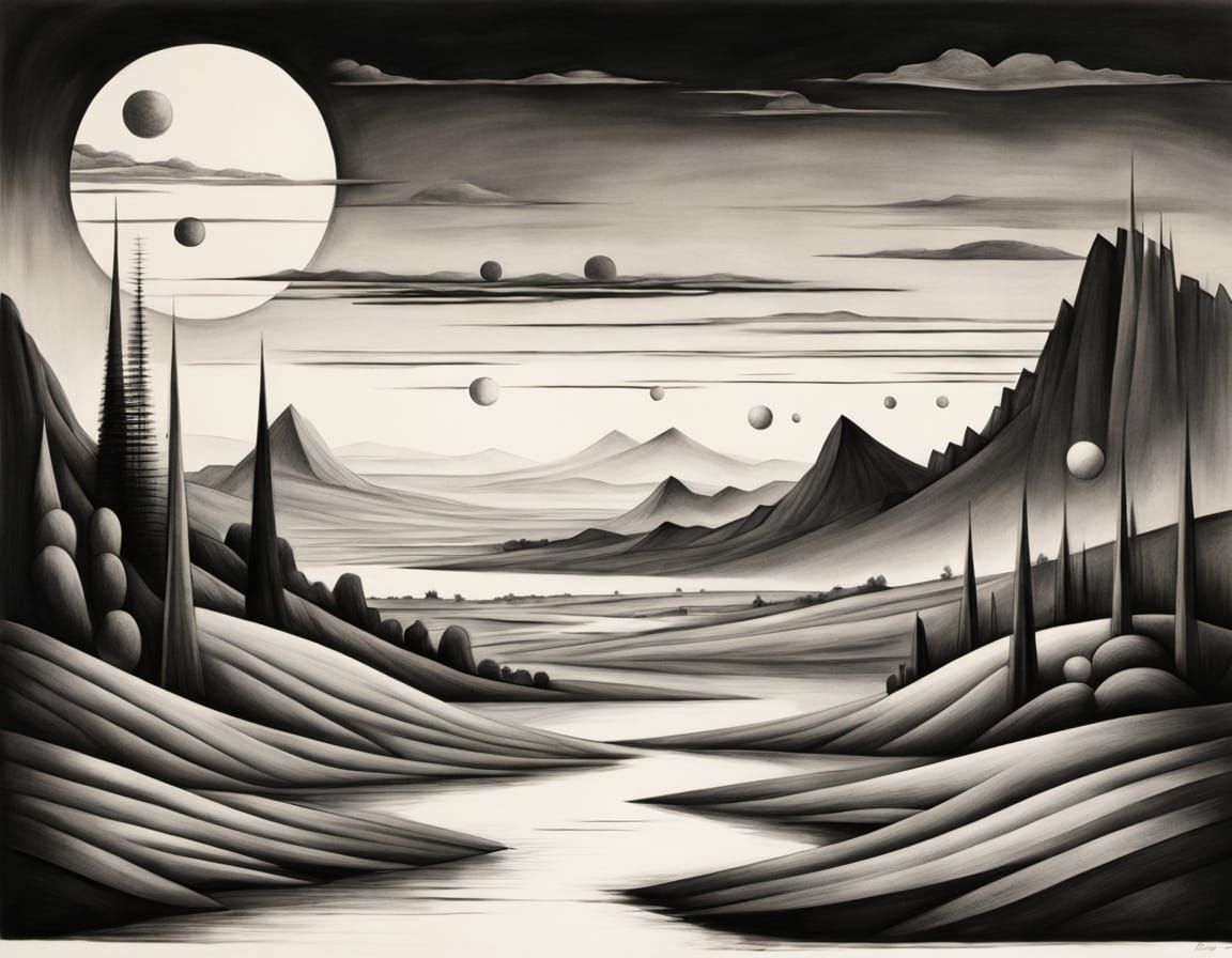 Dreamlike Geometric Landscape in Charcoal Sketch Style
