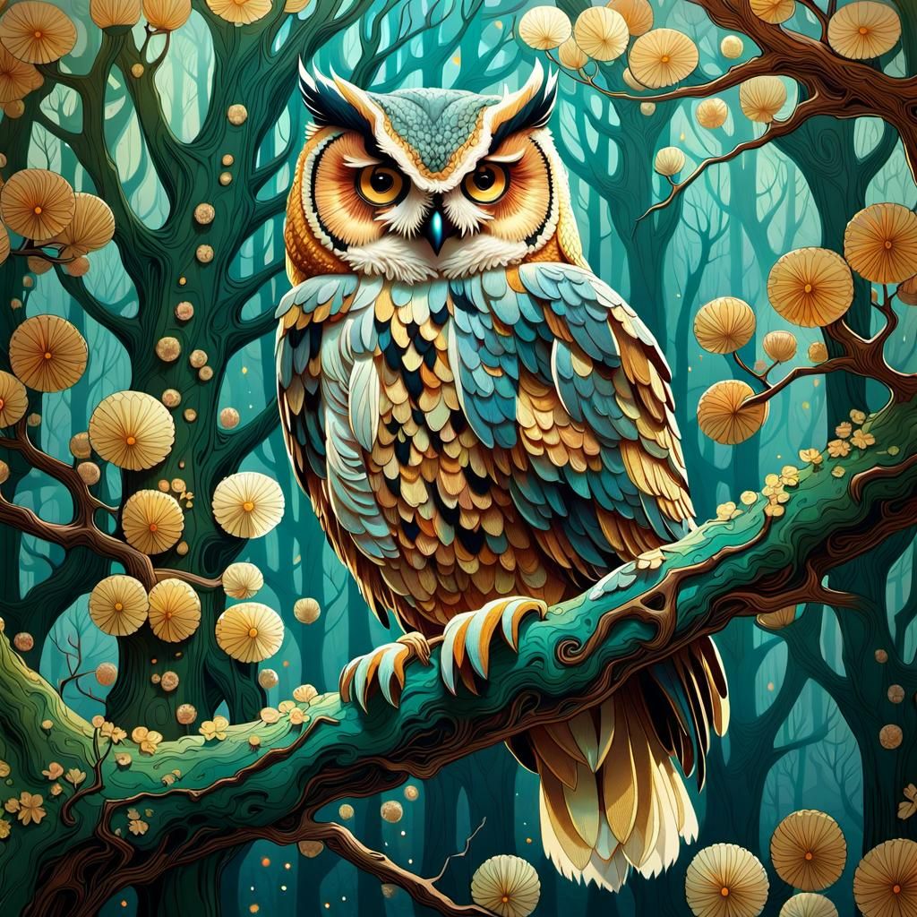 Anime Owl in Tree, Detailed 3D Illustration