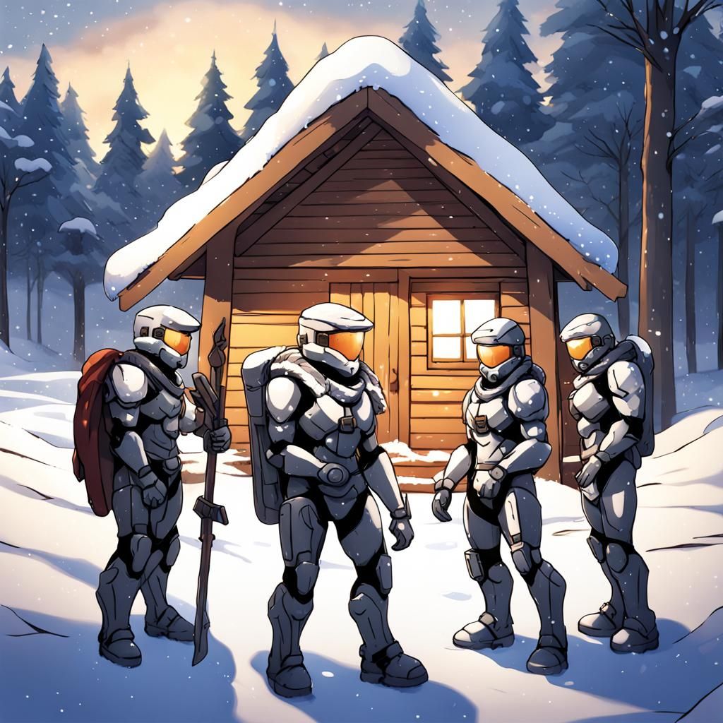 Halo Spartans Building Snowman in Anime Style