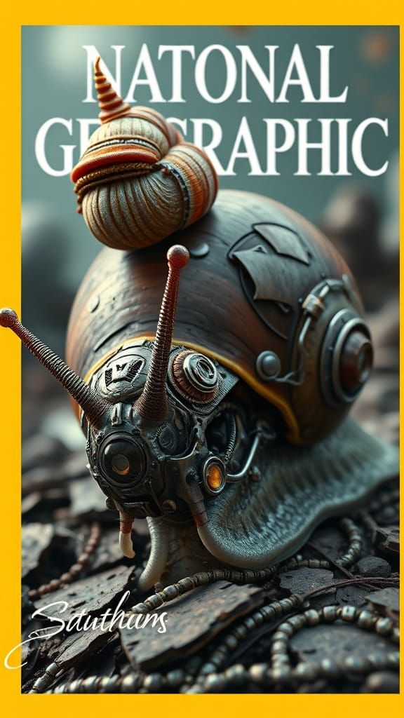 Biomechanical Snail Poses Dramatically in Cyberpunk City