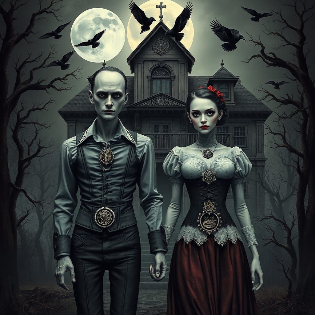 Haunted Couple in Decaying Mansion, Surreal Biomechanical Ar...