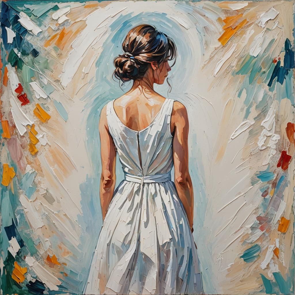 Woman in White Dress: Neo-Impressionist Oil Painting