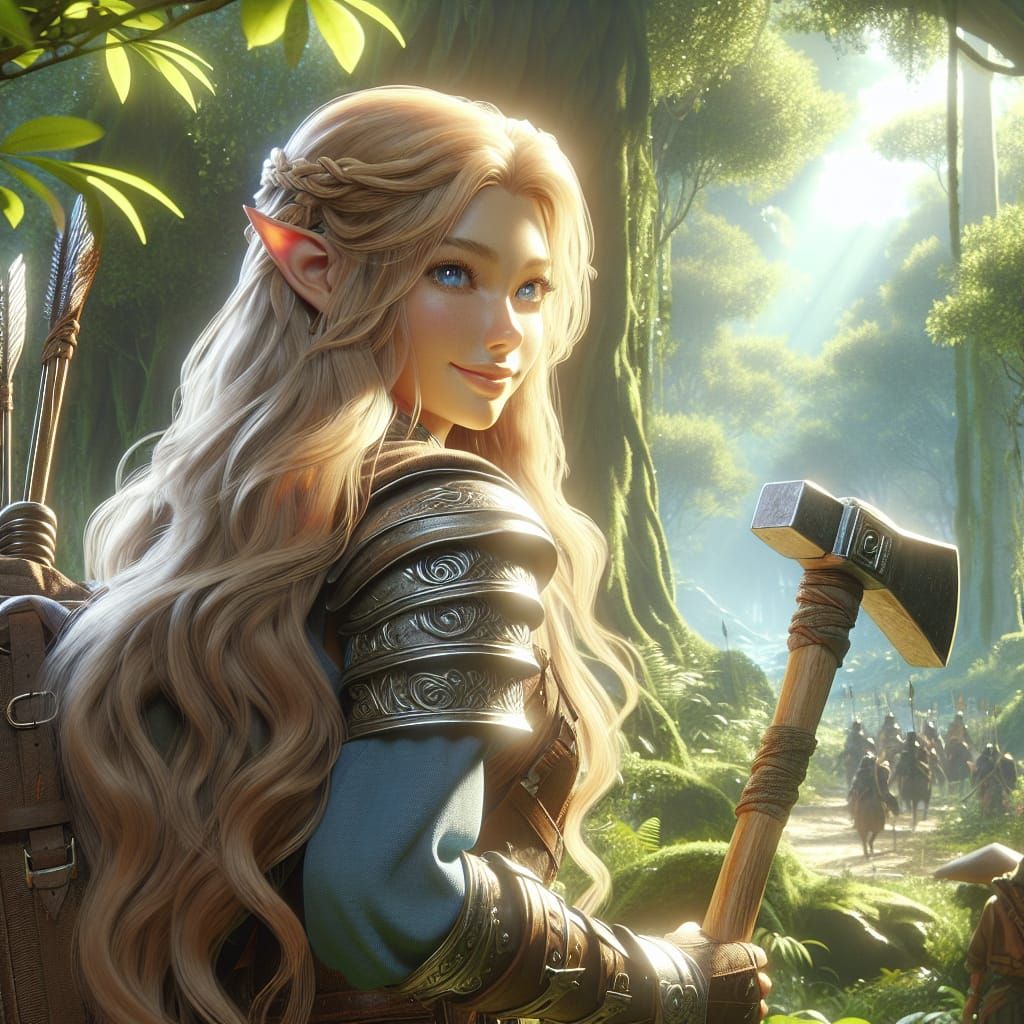 Female Elf Warrior with Sledgehammer in Sunny Forest