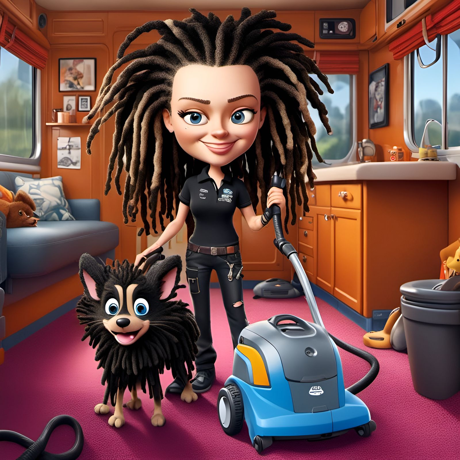 Caricature, cartoonised exaggerated features, chibi style portrait of <lora:Vicky:1.0>in a smart black polo shirt, and s...