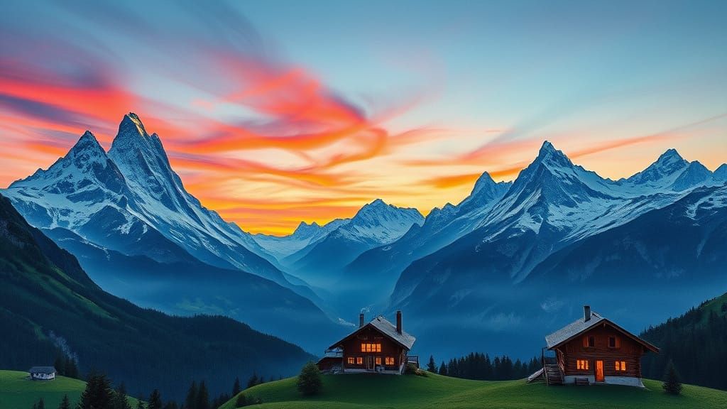 Swiss Alps Twilight View with Chalet