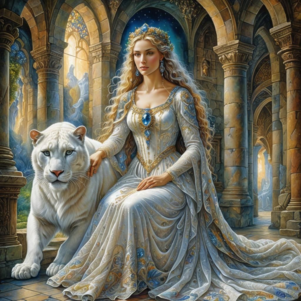 Panther and Woman in Ethereal Castle Hall