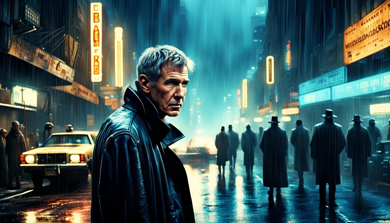 Sad Harrison Ford in Rainy Cyberpunk Cityscape