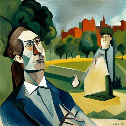 Abstract Portrait of Man Feeding Pigeons, in Cubist Style