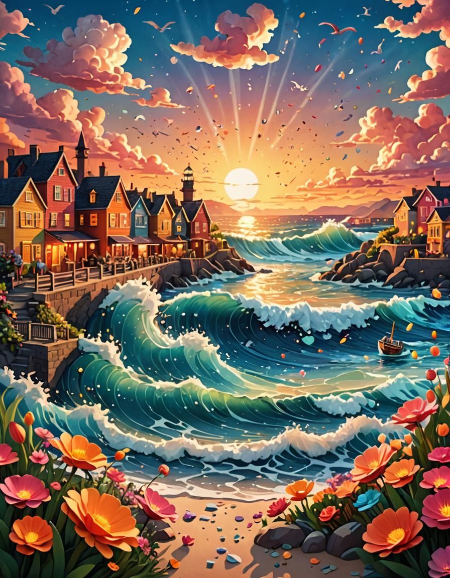 Cozy Seaside Town at Sunset: 3D Digital Art