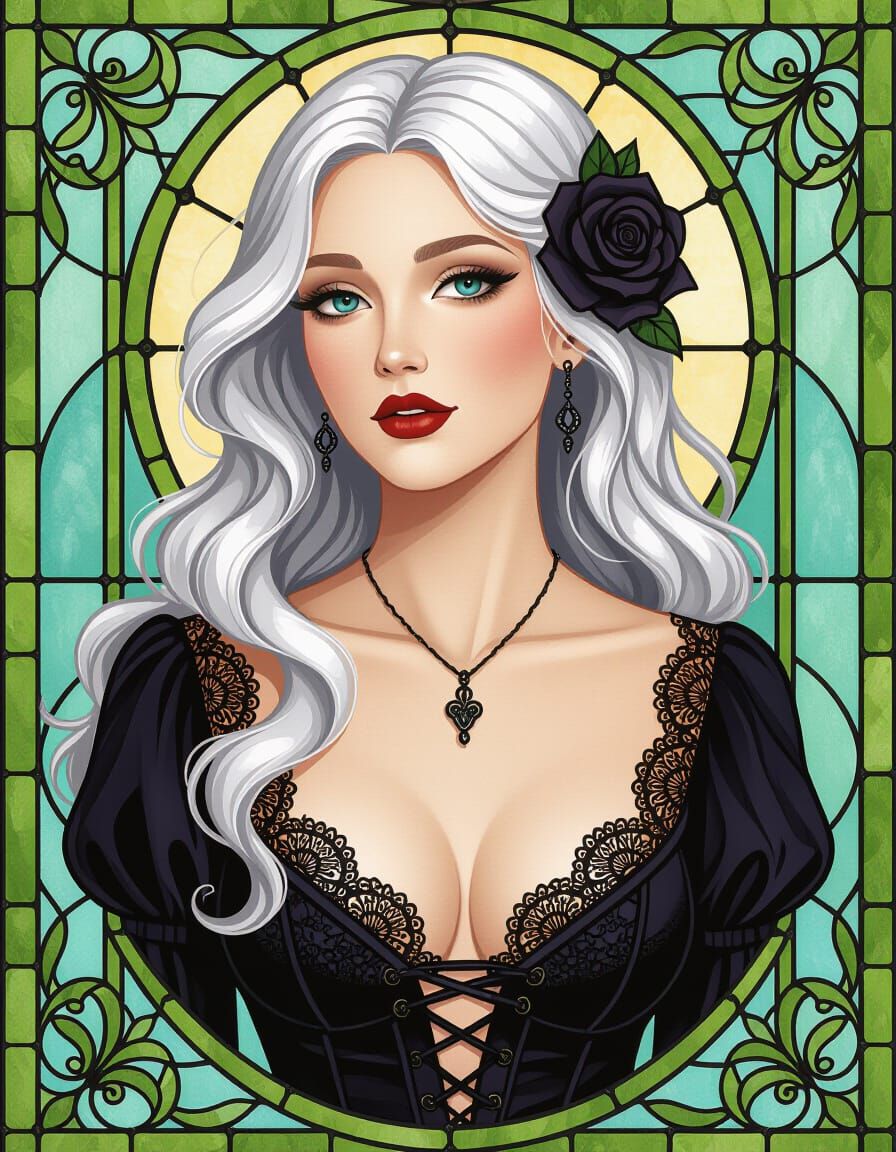 Gothic Woman Portrait in Stained Glass Art