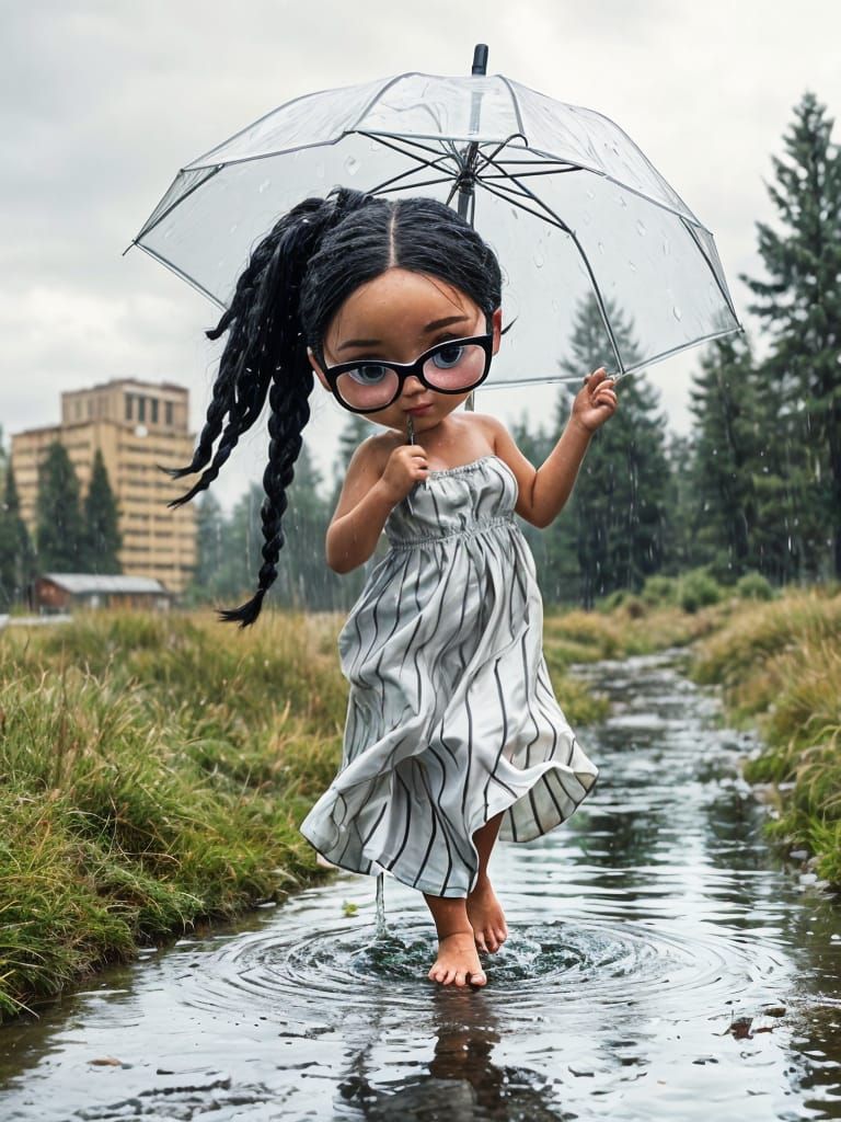 Plus-Size Chibi Woman Dancing in Rainy Meadow